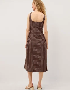 Selena Square Neck Stripe Midi Dress Brown