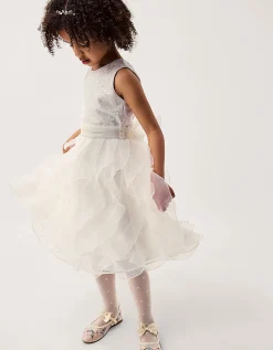 Sequin Embellished Ruffle Party Dress White