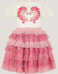 Sequin Unicorn Ruffle Tiered Dress Pink