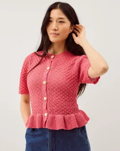 Shea Short Sleeve Ruffle Knit Cardigan Pink