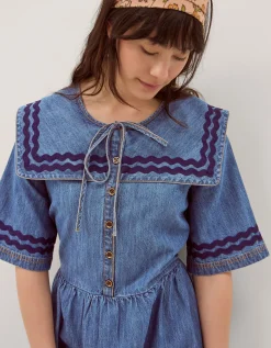 Shelby Square Collar Denim Midi Dress Blue