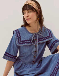 Shelby Square Collar Denim Midi Dress Blue