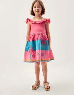 Shell Embroidered Colourblock Dress Pink