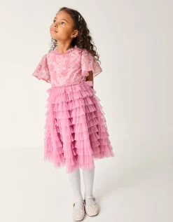 Shikha Floral Embellished Tiered Ruffle Dress Pink