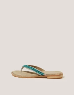 Sia Beaded Leather Flip Flop Sandals Blue