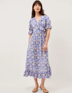 Sian Floral Print Ruffle Midi Dress Blue