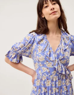 Sian Floral Print Ruffle Midi Dress Blue