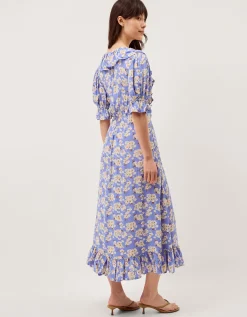 Sian Floral Print Ruffle Midi Dress Blue