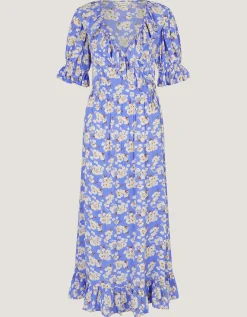Sian Floral Print Ruffle Midi Dress Blue