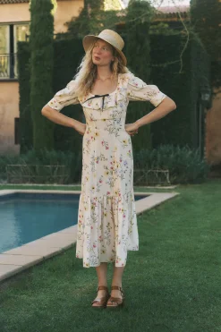 Sienna Frill Neck Floral Midi Dress Ivory