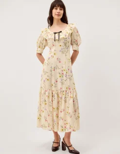 Sienna Frill Neck Floral Midi Dress Ivory