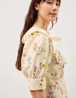 Sienna Frill Neck Floral Midi Dress Ivory