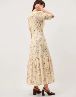 Sienna Frill Neck Floral Midi Dress Ivory