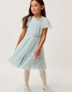 Sky Embellished Pleated Party Dress Green