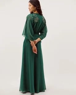 Skyla Floral Embellished Maxi Wrap Dress Green