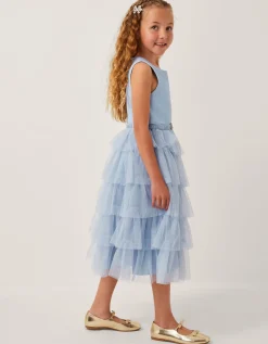 Sleeveless Belted Tulle Tier Dress Blue