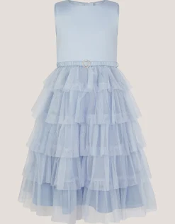 Sleeveless Belted Tulle Tier Dress Blue
