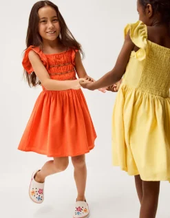 Smocked Square Neck Dress Orange