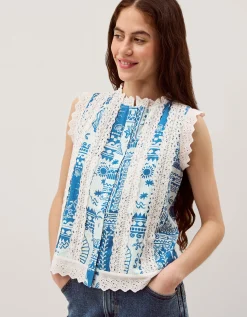 Soleil Print Lace Tank Top Blue