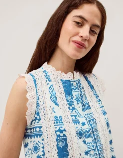 Soleil Print Lace Tank Top Blue