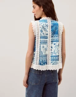 Soleil Print Lace Tank Top Blue