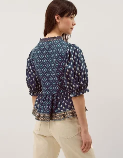 Stacee Puff Sleeve Print Jersey Top Blue