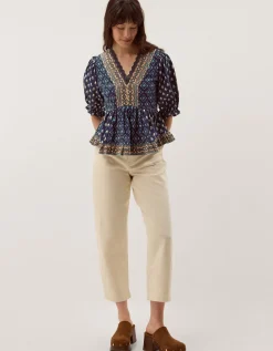 Stacee Puff Sleeve Print Jersey Top Blue
