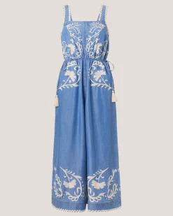 Stella Embroidered Denim Culotte Jumpsuit Blue