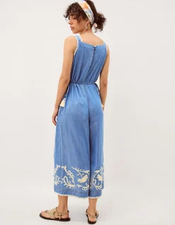 Stella Embroidered Denim Culotte Jumpsuit Blue