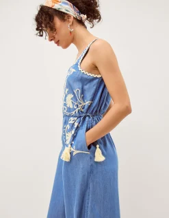 Stella Embroidered Denim Culotte Jumpsuit Blue
