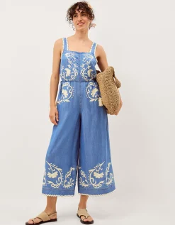 Stella Embroidered Denim Culotte Jumpsuit Blue