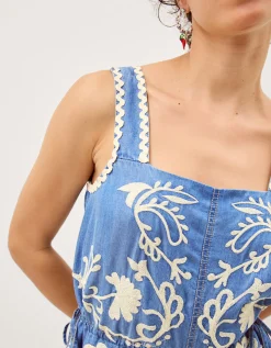 Stella Embroidered Denim Culotte Jumpsuit Blue