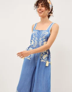 Stella Embroidered Denim Culotte Jumpsuit Blue