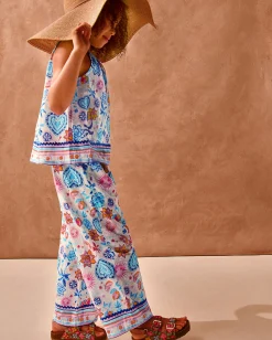 Summer Print Sleeveless Top & Trousers Set Cream
