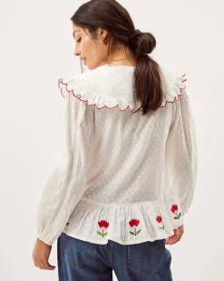 Talia Tulip Embroidered Scallop Collar Top White