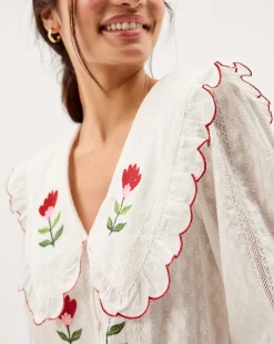 Talia Tulip Embroidered Scallop Collar Top White