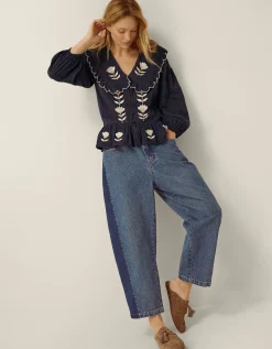 Talia Tulip Embroidered Scallop Collar Top Blue
