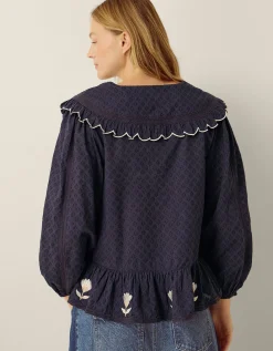 Talia Tulip Embroidered Scallop Collar Top Blue