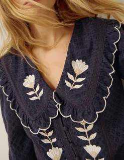 Talia Tulip Embroidered Scallop Collar Top Blue