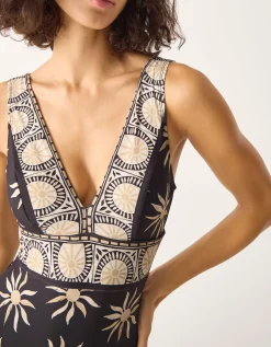 Tanya Plunge Sun Print Swimsuit Black