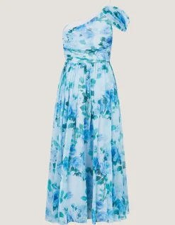 Texas One-Shoulder Floral Prom Dress Blue