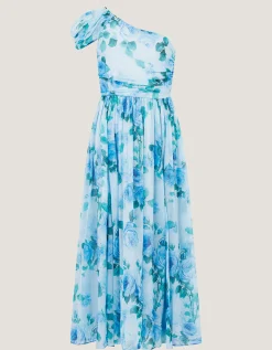 Texas One-Shoulder Floral Prom Dress Blue