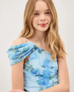 Texas One-Shoulder Floral Prom Dress Blue