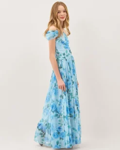 Texas One-Shoulder Floral Prom Dress Blue