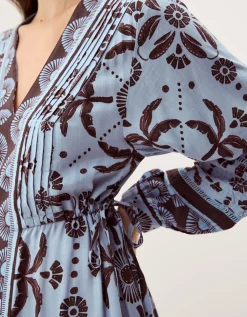 Thalia Palm Print Midi Dress Blue