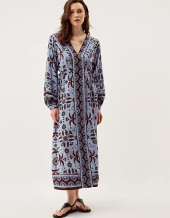 Thalia Palm Print Midi Dress Blue