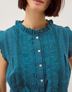 Trish Sleeveless Broderie Frill Top Teal