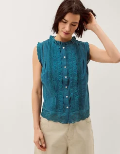 Trish Sleeveless Broderie Frill Top Teal