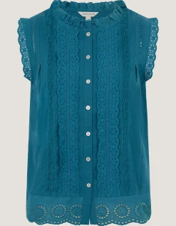 Trish Sleeveless Broderie Frill Top Teal