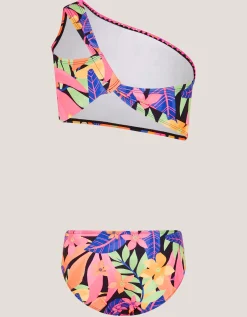 Tropical Floral One-Shoulder Bikini Set Black